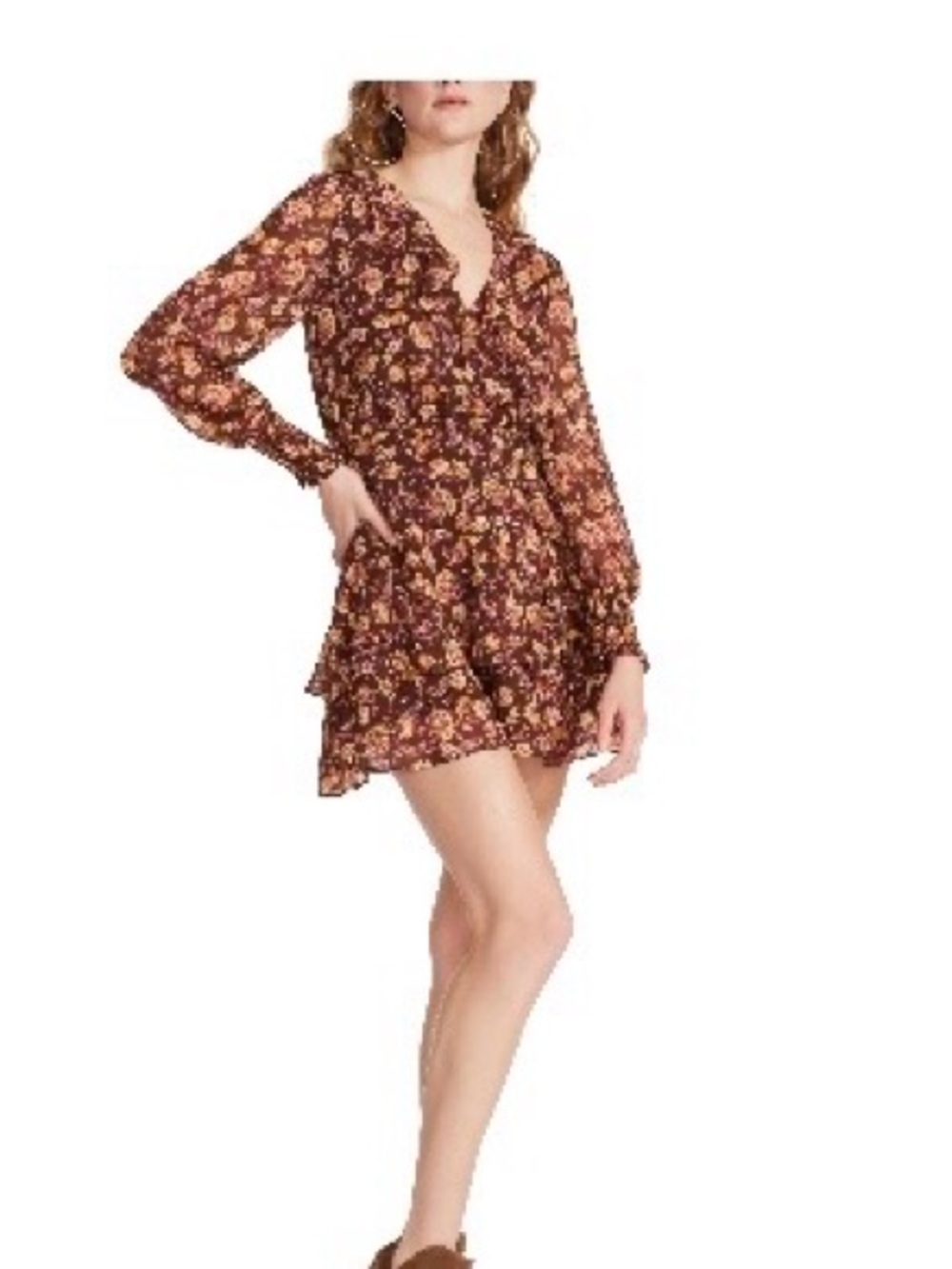 Steve Madden Paisley To Be Nice Brown Floral Ruffle Mini Dress
